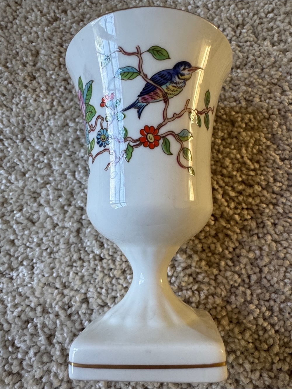 Aynsley Pembroke White Ceramic Goblet Vase w/Hand-Painted Bird & Floral Design